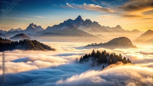 A majestic mountain range shrouded in thick, swirling fog, with only the peaks peeking through, creating an ethereal and mysterious atmosphere, mountain, fog, mist, peak, range, cloud