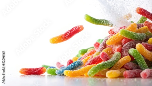 A handful of sour gummy worms tumbles through the air, their bright colors a blur against a white background, leaving a trail of sugar dust in their wake, falling gummy worms