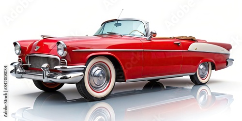 A classic 1950s red convertible with whitewall tires sits on a white background, its chrome gleaming and engine hood slightly ajar, vintage car, classic car, convertible, red car