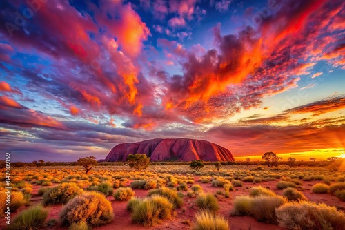 A breathtaking sunset paints the sky in vibrant hues of orange, pink, and purple as Ayers Rock stands tall and majestic against the backdrop of the Australian Outback, Ayers Rock, Uluru, sunset