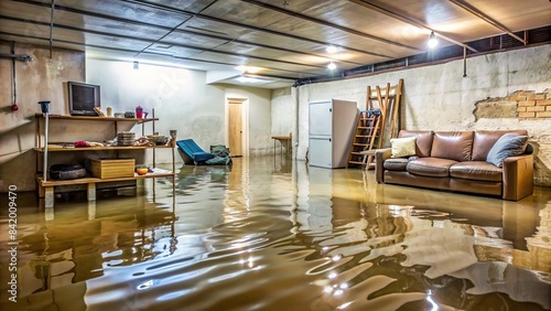 A flooded basement with water reaching halfway up the walls, furniture and belongings are partially submerged