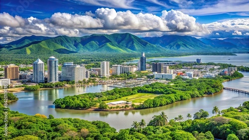 A vibrant, sprawling cityscape unfolds beneath a clear blue sky, with the iconic Trinity Inlet cutting through the heart of Cairns, surrounded by lush greenery and towering skyscrapers