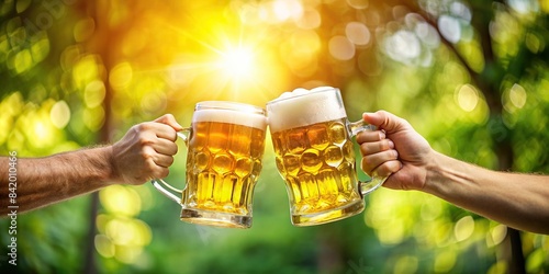 Two hands holding beer steins clink together in a toast, surrounded by a blurred background of greenery and sunshine, beer stein, toast, clink, cheers, beer garden, hands, close-up