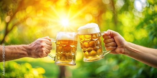 Two hands holding beer steins clink together in a toast, surrounded by a blurred background of greenery and sunshine, beer stein, toast, clink, cheers, beer garden, hands, close-up