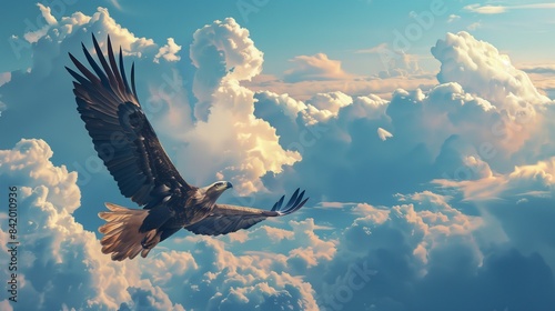 A lone eagle soaring high, appearing to touch the edge of a fluffy white cloud.
