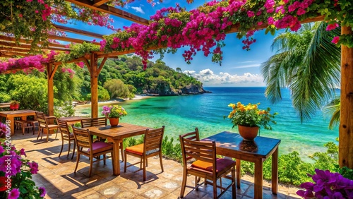 A vibrant cafe nestled under a canopy of lush green trees, overlooking a pristine Mexican bay beach with crystal clear turquoise waters and bursting with colorful flowers, cafe, mexican, bay