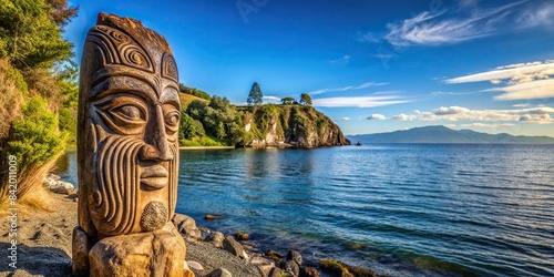 A weathered Maori rock carving, worn smooth by the elements, stands proudly beside the pristine waters of Lake Taupo, its ancient story etched in stone, Lake Taupo, North Island, New Zealand