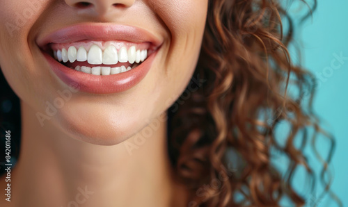 Close up white female teeth, Diseased gums, candidiasis, woman smile mouth. Dental clinic patient, Diseased thrush gums illustration, stomatology ad concept, space for your text.