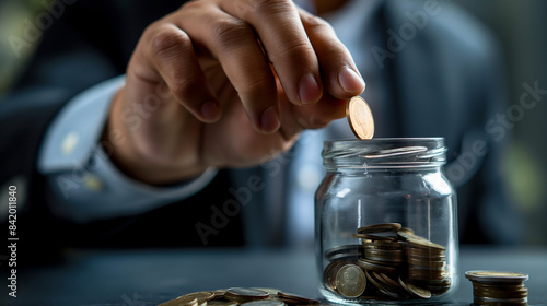 Inserting coin into jar among coins
