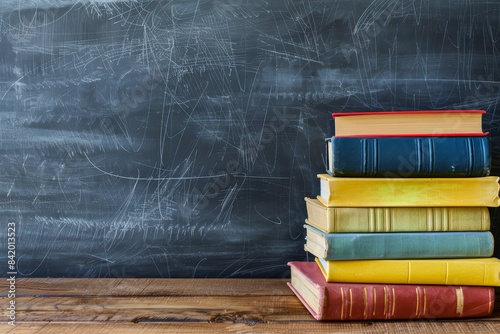 A group of colorful books on a wooden table in the classroom on a blackboard background
