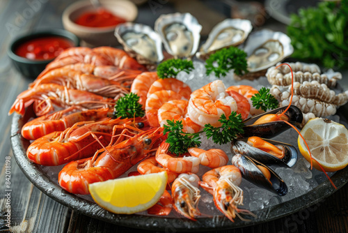A luxurious seafood platter with a variety of fresh seafood