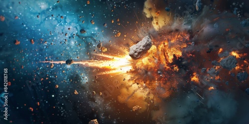 Conceptual photo of the asteroid's impact depicted as a metaphorical explosion of ideas and creativity. Free space