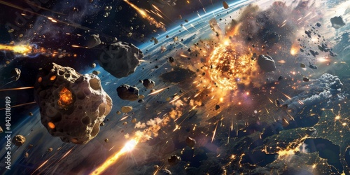 Epic space battle scene featuring Earth's collision with the asteroid, with cosmic forces converging in a cosmic showdown.