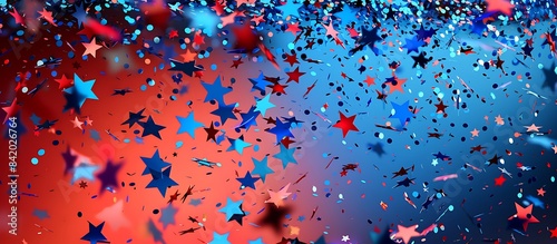 American stars confetti for joyous holiday, colorful blue and red sparkles illustration,