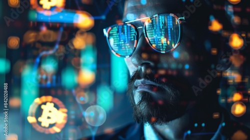 A man wearing sunglasses with reflection of binary code and bitcoin symbol.