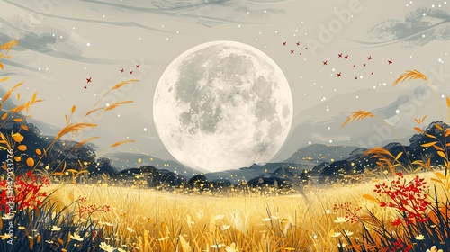 A large white moon is shining in the night sky