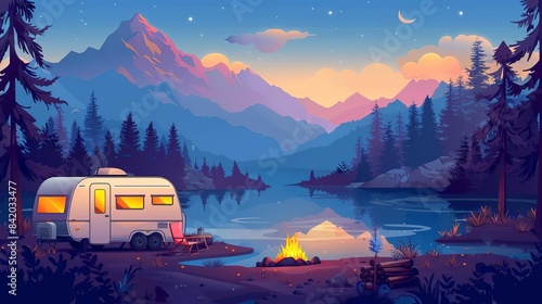 Camping and caravaning at lake with campfire