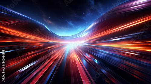 Abstract futuristic light streaks on a dark background, depicting speed, technology, and dynamic movement in a vibrant digital environment.