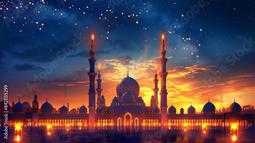 Enchanting Ramadan Background Featuring Candlelit Mosque