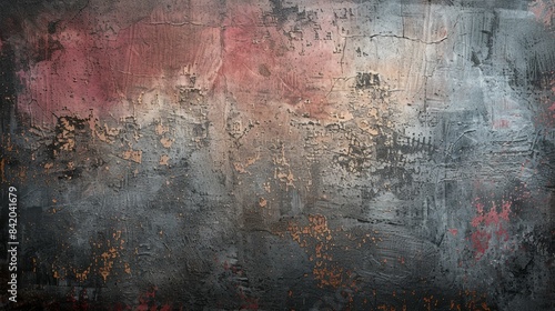 A large, abstract painting with a gray background and red and blue splatters