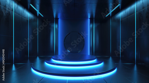 Futuristic Sci Fi Room with Illuminated Blue Podium in Dark Minimalist Interior Design