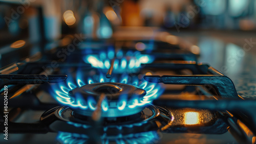 Gas burning from a kitchen gas stove. blue gas flame on hob. closeup selective focus natural