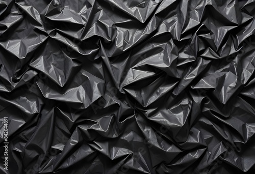 Crumpled black plastic sheets , creating an abstract textured background