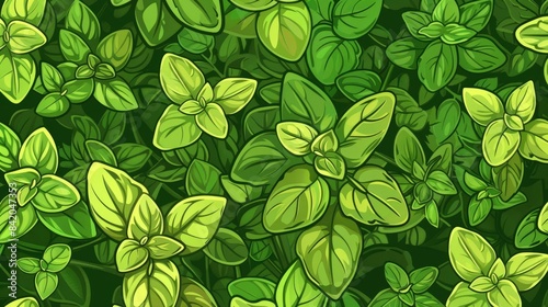 A seamless pattern of marjoram leaves is depicted in this vibrant 2d cartoon illustration against a lush green backdrop with a crisp white outline