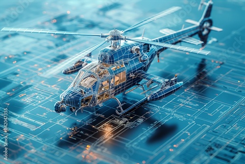 Assault helicopter transparent design on blueprint