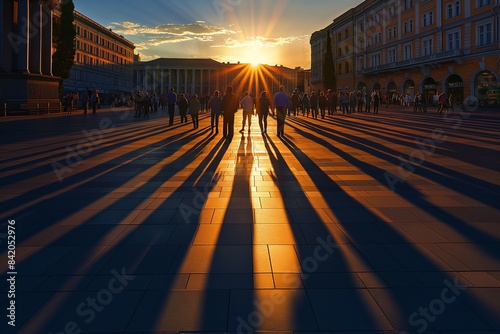 Shadows cast on a city square at sunset, elongated and overlapping, creating an abstract dance of forms that suggests a gathering of people enjoying the evening.