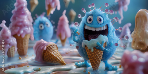 Banner with chaos of Ice cream cones with colorful, monstrous creatures, symbolizing harmful bacteria in spoiled or chemically tainted ice cream, risks of consuming expired or unsafe food products.