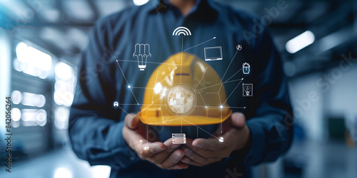 Work safety concept. Businessmen hold virtual safety icons for working standard processes and zero accidents. regulations and standards in industry design