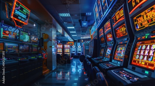 Sports betting casino concept with glowing machines, TV screens, and scores.