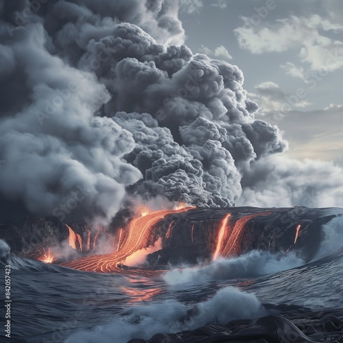 The dramatic landscape of a volcanic eruption, with lava flowing into the sea under a cloud of ash, capturing the destructive yet awe-inspiring power of Earth's geologic forces.