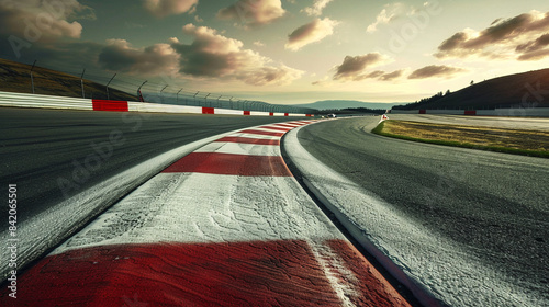 Racing track during the daytime. Markings and red-white apex points. Empty track