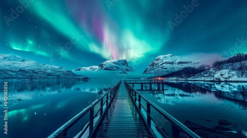 Beautiful aurora northern lights in night sky with lake pedestrian bridge snow forest in winter.