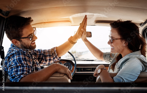 Happy couple, high five and vehicle for travel, road trip and destination achievement with smile. Car, transport and married people with hand gesture for journey goal, adventure or vacation location