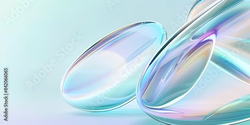 Formas abstractas de vidrio sobre un fondo azul claro, con colores suaves y oníricos en un estilo futurista.