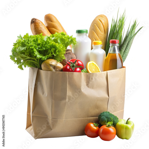 Paper bag with groceries on white - This image showcases a variety of grocery items in a brown paper bag, including vegetables, dairy, and grains