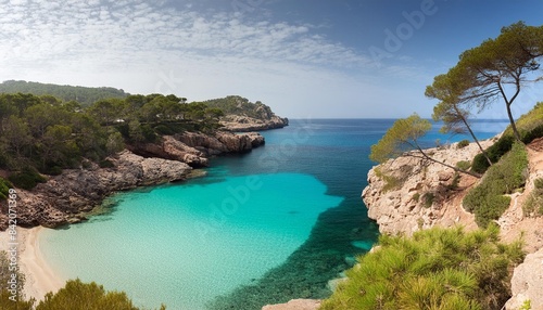 font de sa cala beach in mallorca offers a peaceful view of clear turquoise waters rocky outcrops and beautiful pine trees