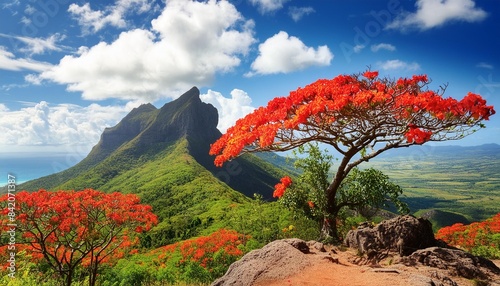 beautiful mountain landscapes of mauritius island with famous red floral flame tree
