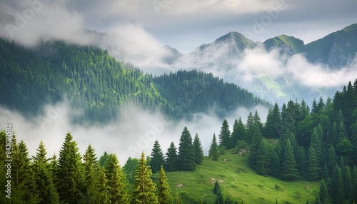 mountains covered with coniferous forest in fog against a cloudy sky