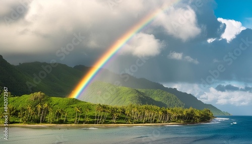 island and coastline rainbow coming through clouds teahupoo tahiti south pacific