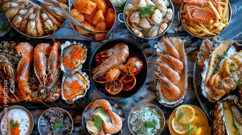 seafood dishes top view, beautifully served on the table, including shrimp, mussels and oysters, crayfish and lemons. Concept: Restaurant menu, gourmet cuisine