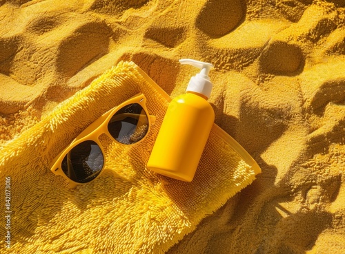 Photo of a beach towel with sunglasses and sun cream bottle on a sand background, in a flat lay style.