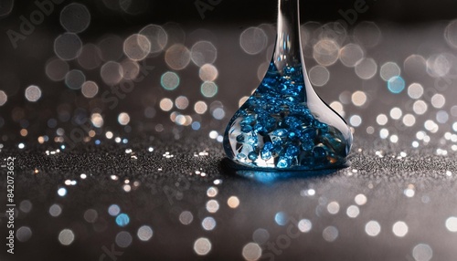 gota de vidro colorido semi e em fundo preto com glitter azul fotografia em close up de uma peca similar a um liquido de alta viscosidade pingando com glitter azul