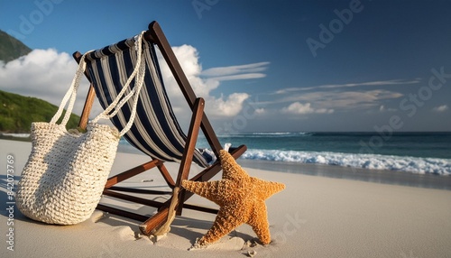 beach chair with starfish and bag by the ocean