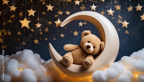 teddy bear sleeping on glowing crescent moon in starry night with fluffy clouds
