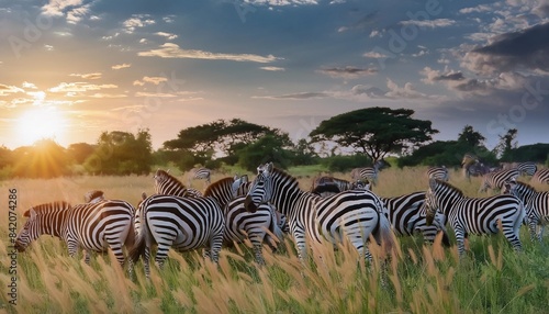 summer landscape on the sunset banner panorama view of a herd of zebras grazing in high grass wildlife scene from nature