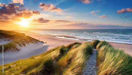 beautiful dunes beach at sunset north sea germany